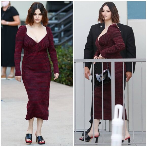 NWT SELF-PORTRAIT Sweetheart-Neck Ribbed-Jersey Midi Dress Red & Black Small - Picture 4 of 12